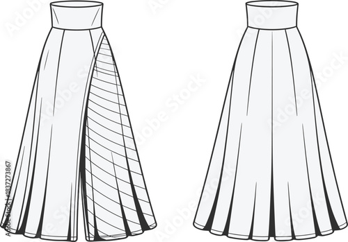 Elegant flared maxi skirt fashion flat sketch featuring high waistband, panel detailing, contrasted insert, and clean front and back technical illustration for apparel design.
