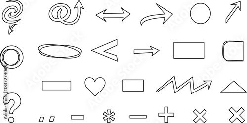 Hand drawn doodle icons set of various shapes, symbols, arrows, and mathematical signs