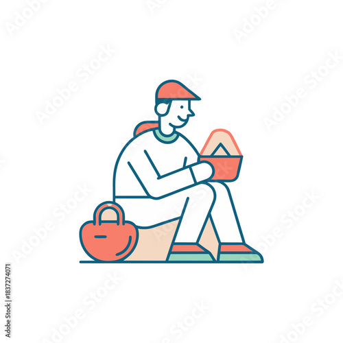Person in a cap enjoying a meal from a bento box with a bag nearby