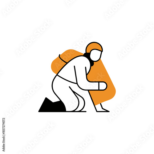 Stylized icon of a person with a backpack crouching down