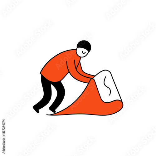 Abstract orange figure gently holding and folding a white cloth on a black background