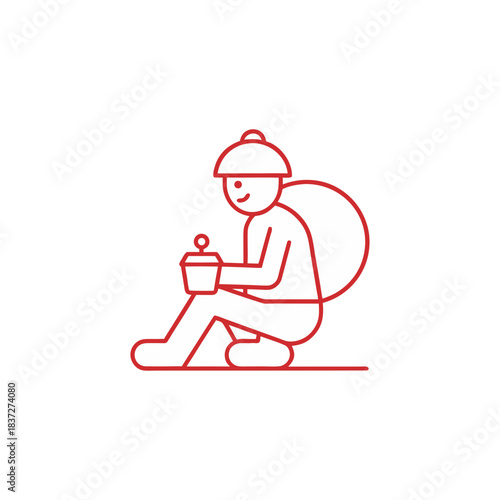 Stylized figure with backpack and cup on black background