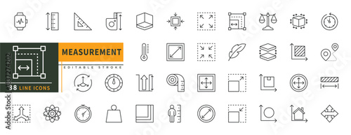 Minimalist Measurement line icons set with editable stroke,  thin linear illustration.