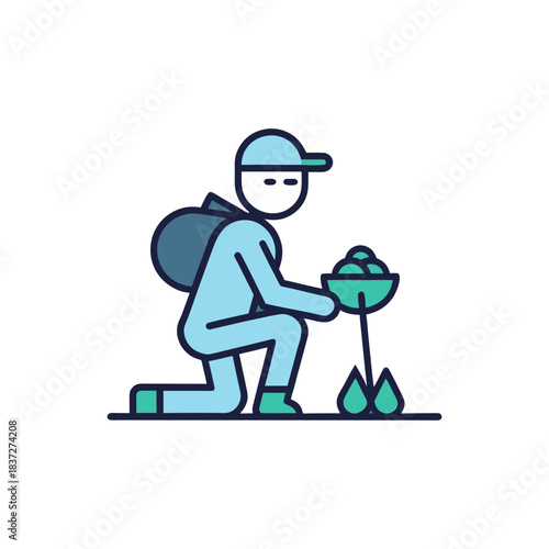 Gardener kneeling with backpack tending to a blooming plant with water droplets