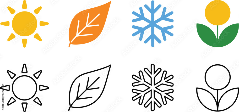 Fototapeta premium Collection of Four Seasons Icons with Sun, Autumn Leaf, Snowflake, and Spring Flower for Weather, Nature, and Seasonal Retail Advertising Symbols