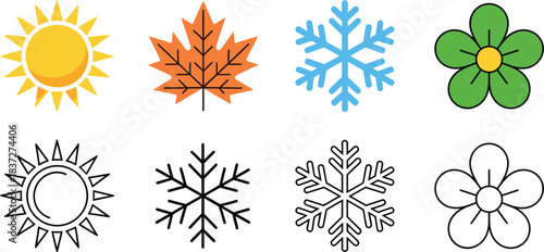 Collection of Four Seasons Icons with Sun, Autumn Leaf, Snowflake, and Spring Flower for Weather, Nature, and Seasonal Retail Advertising Symbols