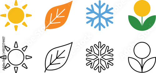 Collection of Four Seasons Icons with Sun, Autumn Leaf, Snowflake, and Spring Flower for Weather, Nature, and Seasonal Retail Advertising Symbols