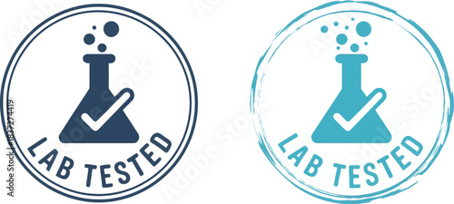 Lab Tested Verification Icons: Two beaker symbols with check marks for product certification, safety assurance, and rigorous quality control testing by scientists