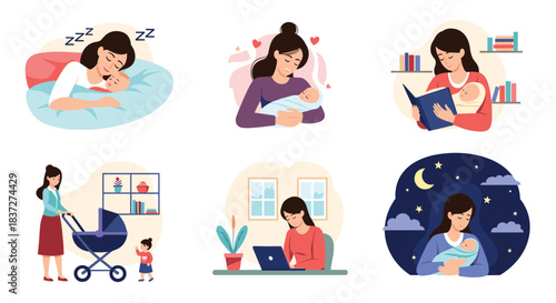 Collection of touching scenes depicting a mother's daily life and loving bond with her baby through various activities.