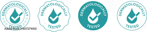 Dermatologically Tested Safety Icons: Set of four verified water drop symbols for product packaging and cosmetic marketing signifying skin tolerance and assurance