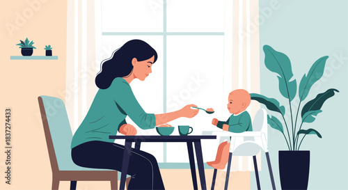 Loving mother sits at a dining table and patiently spoon-feeds her baby who is sitting happily in a modern high chair.