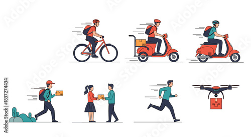 Collection of express delivery service concepts showing various transportation methods including scooter bicycle drone and courier.