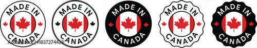 Made in Canada Seals: Set of five patriotic maple leaf icons for product labeling, signifying local manufacturing, premium quality, and national origin assurance