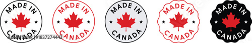 Made in Canada Seals: Set of five patriotic maple leaf icons for product labeling, signifying local manufacturing, premium quality, and national origin assurance