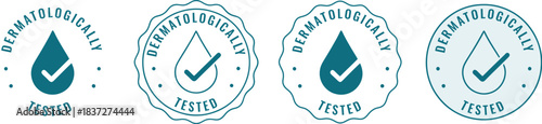 Dermatologically Tested Safety Icons: Set of four verified water drop symbols for product packaging and cosmetic marketing signifying skin tolerance and assurance