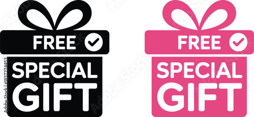 Free Special Gift Promotion Icons: Black and pink present box symbols with bow for e-commerce marketing, bonuses, rewards, and customer loyalty programs