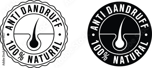 Anti Dandruff and 100% Natural Product Seal with Hair Follicle Icon for Shampoo, Scalp Treatment, and Organic Cosmetic Packaging Label Certification