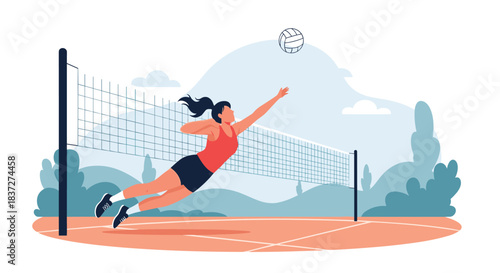Athletic female volleyball player jumps high in the air to spike the ball over the net during an intense outdoor match.