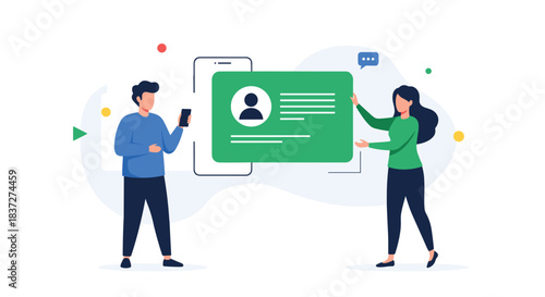 Man and woman collaborate on creating or viewing a digital user profile for a social media or professional business network.