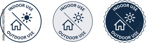 Indoor Use Only Icons: Set of three circular symbols with house and crossed-out sun for product labeling, indicating environmental restrictions and limited outdoor exposure
