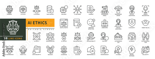 Minimalist AI Ethics line icons set with editable stroke, featuring fairness, ai dilema, dara, ai safety, trust in ai, ai governance, robot police, ai games, autonomous, va. thin linear illustration.