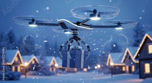 A high-tech drone delivering a gift package in a snowy winter village, illuminated by soft lights from charming houses during the holiday season.