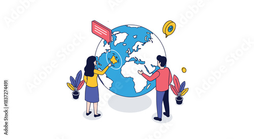 Man and woman plan their next international travel destination by pointing at locations on a large globe in isometric style.