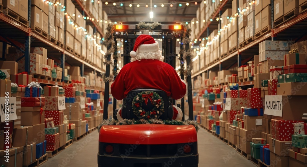 Naklejka premium Santa Claus Operating a Forklift in a Festively Decorated Warehouse Surrounded by Christmas Presents and Decorations