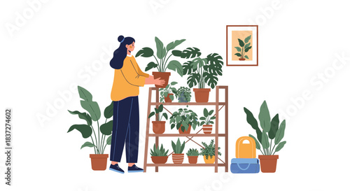 Young woman lovingly arranges her collection of various beautiful houseplants on a wooden shelf in her cozy green home.