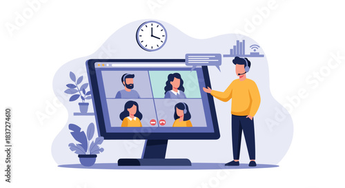 Male team leader with a headset conducts a virtual meeting and online presentation with his colleagues via video conference call.