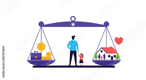 Father and daughter standing on a giant scale symbolizing the difficult choice between career success and family happiness.