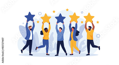 Diverse group of happy customers holding up large stars to give a five-star rating for an excellent product or service.