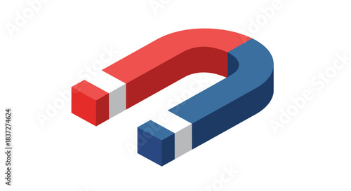 Classic red and blue U-shaped horseshoe magnet with north and south poles isolated on a clean white background isometric icon.