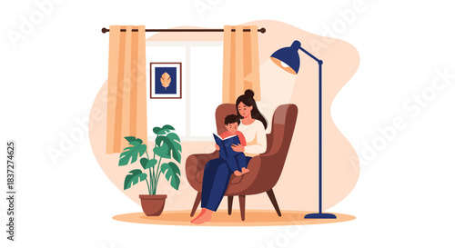 Loving mother reads a bedtime story to her young son while sitting in a cozy armchair in their living room illustration.