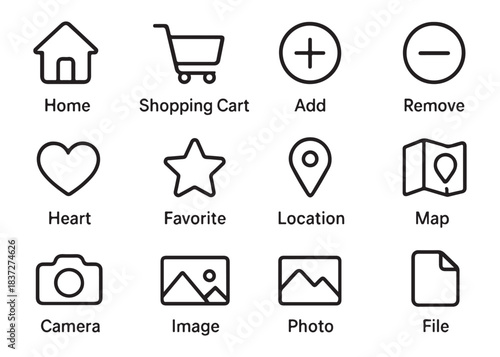 Universal user interface icons set for mobile app and web design including home shopping cart add and remove symbols