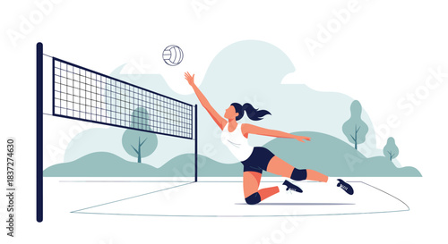 Athletic young woman in sportswear jumping to spike the ball over the net during an intense outdoor volleyball match.
