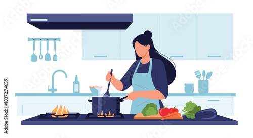 Young woman wearing an apron preparing a healthy meal by stirring a pot on the stove in a modern and clean kitchen.