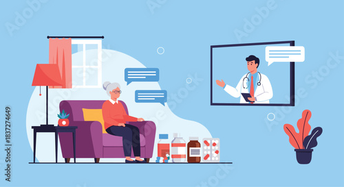 Elderly woman at home receives a remote medical consultation from her doctor via a video conference call on a large screen.