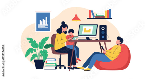 Mother works from home at her computer with her son on a tablet while the father relaxes in a modern living room setup.