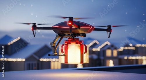 A festive holiday drone delivering a glowing lantern over a snow-covered landscape illuminated by Christmas lights, showcasing a warm seasonal atmosphere at dusk.