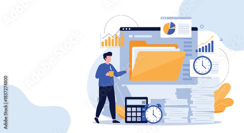 Businessman manages files and documents for accounting and productivity with charts and graphs in the background concept.