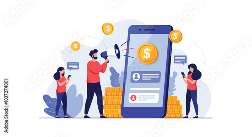 Marketing concept of a refer-a-friend program with a man using a megaphone to attract new users and earn money online.