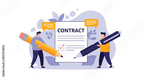 Two businessmen holding a giant pen and pencil are about to sign a contract to finalize a business partnership agreement.