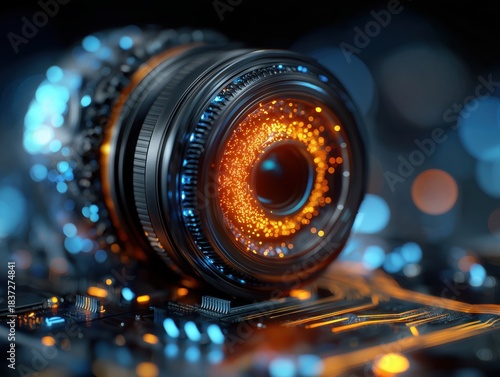 Futuristic lens with glowing core over a circuit board offers a dynamic visual for cutting-edge technology, innovation, and advanced optical design concepts