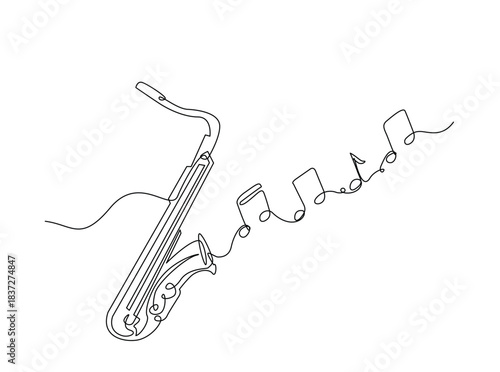 Continuous line art drawing of saxophone music instrument with flowing music note. Saxophone with music notes in single outline illustration.
