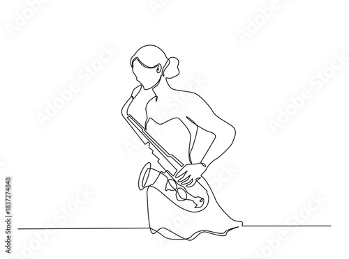 Continuous line art drawing of Saxophonist Perfomance. Woman playing saxophone outline draw illustration.