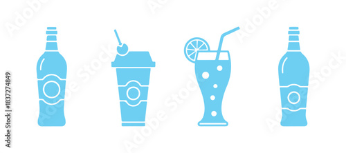 Cup water icon. Glass liquid symbol. Drink beverage signs. Drops symbols. Soda icons. Vector isolated sign