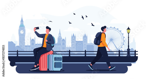 Young male tourists exploring London with one taking a selfie with Big Ben and the other walking with a backpack by the river.