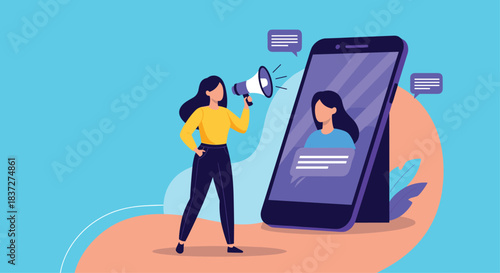 Businesswoman uses a megaphone to make an important announcement or marketing promotion through a mobile phone application.