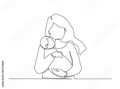 Single Continuous Line Drawing of Mother Cradling Newborn Baby